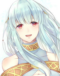 Rule 34 | 1girl, bare shoulders, blue hair, blush, cape, dress, fire emblem, fire emblem: the blazing blade, hair ornament, kazame, long hair, looking at viewer, ninian, nintendo, open mouth, red eyes, simple background, smile, solo, taiga kazame