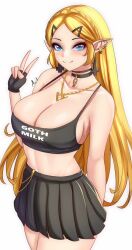 Rule 34 | 1girl, anisdrawn, black choker, black gloves, black skirt, blonde hair, blue eyes, breasts, camisole, choker, cleavage, commentary, cowboy shot, crop top, earrings, eyeshadow, fingerless gloves, gloves, hair ornament, hairclip, hand up, highres, jewelry, large breasts, makeup, midriff, miniskirt, navel, nintendo, pendant, pleated skirt, pointy ears, princess zelda, simple background, skirt, solo, spaghetti strap, standing, stomach, the legend of zelda, the legend of zelda: breath of the wild, white background