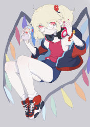 Rule 34 | 1girl, alternate costume, alternate headwear, bare legs, bell, bespectacled, blonde hair, bracelet, character doll, choker, contemporary, crystal, flandre scarlet, full body, glasses, grey background, hair bobbles, hair ornament, headphones, highres, humanlynn, jacket, jewelry, looking at viewer, nail polish, off shoulder, red eyes, remilia scarlet, shoes, short hair, shorts, side ponytail, simple background, sneakers, solo, stuffed toy, tank top, touhou, track jacket, wings