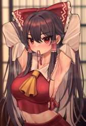 Rule 34 | 1girl, absurdres, armpits, ascot, bare shoulders, black hair, blush, bow, closed mouth, collarbone, detached sleeves, hair between eyes, hair bow, hair tubes, hakurei reimu, highres, japanese clothes, long hair, navel, nontraditional miko, qiu ju, red bow, red eyes, red skirt, sidelocks, skirt, solo, steaming body, sweat, touhou, upper body, white sleeves, wide sleeves, yellow ascot