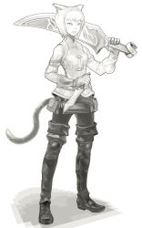Rule 34 | 10s, 1girl, animal ears, belt, boots, cat ears, cat girl, cat tail, facial mark, female focus, final fantasy, final fantasy xiv, full body, gloves, greyscale, highres, knife, masn (moxi), miniskirt, miqo&#039;te, monochrome, pantyhose, short hair, skirt, solo, sword, tail, thigh boots, thighhighs, warrior of light (ff14), weapon, white background