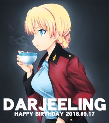 Rule 34 | 1girl, black background, blonde hair, blue eyes, braid, character name, cup, darjeeling (girls und panzer), dated, epaulettes, fujimaru arikui, girls und panzer, holding, holding cup, jacket, leaning forward, long sleeves, looking to the side, military, military uniform, open clothes, open jacket, red jacket, short hair, solo, st. gloriana&#039;s military uniform, steam, teacup, uniform