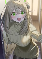 Rule 34 | 1girl, absurdres, black pantyhose, blue archive, blurry, blurry background, blush, breasts, cowboy shot, doorway, green eyes, green halo, hair between eyes, halo, highres, large breasts, light brown hair, long hair, long sleeves, looking at viewer, mizumok1, nonomi (blue archive), open mouth, pantyhose, pov doorway, ribbed sweater, smile, solo, sweater, yellow sweater