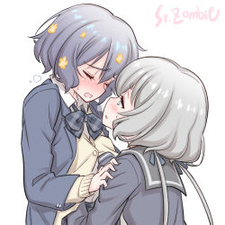Rule 34 | 2girls, artist name, black sailor collar, blue eyes, blue hair, blue ribbon, blush, closed eyes, hair ribbon, hand under clothes, heavy breathing, konno junko, long sleeves, looking at another, low twintails, mizuno ai, multiple girls, open mouth, ribbon, sailor collar, school uniform, short hair, simple background, studiozombie, twintails, wavy mouth, white background, white hair, yuri, zombie land saga