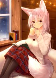 Rule 34 | 1girl, animal ear fluff, animal ears, blush, book, breasts, brown pantyhose, christmas lights, closed mouth, commentary request, cup, feet out of frame, fox ears, fox girl, fox tail, hair between eyes, highres, holding, holding cup, indoors, long hair, long sleeves, medium breasts, mug, night, open book, original, pantyhose, pink hair, plaid, plaid skirt, red eyes, red skirt, shirt, sitting, skirt, smile, snowing, solo, steam, sukemyon, sweater, tail, very long hair, white shirt, white sweater, window