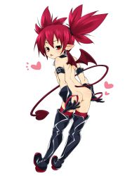 Rule 34 | 1girl, :p, arm strap, ass, bat wings, black gloves, black thighhighs, boots, bracelet, choker, demon girl, demon tail, demon wings, disgaea, earrings, etna (disgaea), flat chest, full body, gloves, heart, highres, jewelry, looking at viewer, looking back, makai senki disgaea, mini wings, nipples, nude, pointy ears, red eyes, red hair, shiny clothes, simple background, skull, skull earrings, solo, tail, thigh boots, thighhighs, tongue, tongue out, twintails, white background, wings
