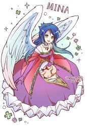 Rule 34 | 1girl, angel wings, bare shoulders, blue hair, breasts, breath of fire, breath of fire ii, dated, dress, feathered wings, feathers, forehead protector, full body, gloves, green eyes, highres, jewelry, long hair, looking at viewer, maruno, medium breasts, mina wyndia, necklace, open mouth, pig, simple background, smile, solo, white background, white wings, wings