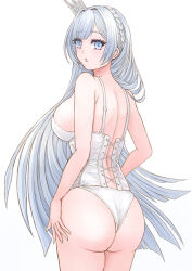 Rule 34 | 1girl, argus (azur lane), ass, azur lane, breasts, corset, cowboy shot, crown, from behind, grey eyes, grey hair, highres, large breasts, looking at viewer, looking back, mini crown, open mouth, panties, sai-go, simple background, solo, standing, underwear, wedgie, white background, white panties