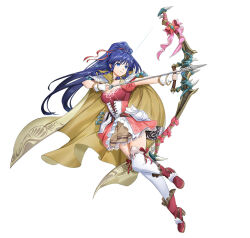 Rule 34 | 1girl, aiming, arrow (projectile), blue eyes, blue hair, boots, bow (weapon), braid, braided sidelock, breasts, cape, choker, cleavage, corset, dress, female focus, fingerless gloves, fire emblem, fire emblem: the sacred stones, fire emblem heroes, gloves, hair ribbon, hair tie, high ponytail, holding, holding bow (weapon), holding weapon, knee up, long hair, matching hair/eyes, medium breasts, mikurou (nayuta), nintendo, official alternate costume, official art, pink corset, pink dress, pink ribbon, pleated dress, puffy short sleeves, puffy sleeves, ribbon, short sleeves, solo, tana (fire emblem), thighhighs, twin braids, v-shaped eyebrows, weapon, white background, white gloves, white thighhighs, yellow cape