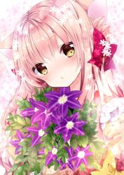 Rule 34 | 1girl, animal ears, bad id, bad pixiv id, blonde hair, blush, bouquet, cat ears, clematis (flower), close-up, floral background, flower, frilled kimono, frills, holding, holding bouquet, japanese clothes, kimono, long hair, looking at viewer, nanase kureha, nanase nao, original, parted lips, pink kimono, portrait, purple flower, solo, upper body, white flower, yellow eyes