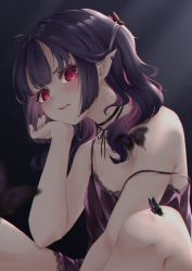 Rule 34 | 1girl, ahoge, amarisuu, bite mark, bite mark on neck, biting, black background, black butterfly, black camisole, black choker, black hair, blunt bangs, blurry, blurry foreground, bug, butterfly, butterfly on knee, camisole, choker, commentary request, ear piercing, fangs, hand on own cheek, hand on own face, highres, insect, long hair, neck biting, neck ribbon, open mouth, original, piercing, pink eyes, pointy ears, ribbon, sitting, solo, spaghetti strap, strap slip, v-shaped eyebrows, vampire