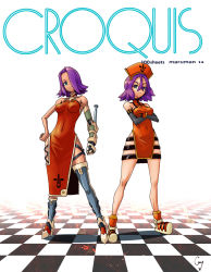 Rule 34 | 2girls, aqua eyes, asymmetrical clothes, checkered floor, cony (la locura), crossed arms, elbow gloves, floor, gloves, highres, libra (cony), multiple girls, original, prosthesis, prosthetic arm, purple hair, siblings, sisters, virgo (cony), weapon
