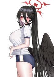 Rule 34 | 1girl, absurdres, ass, black hair, black wings, blue archive, blush, breasts, buruma, cowboy shot, curvy, duplicate, feathered wings, gym uniform, hair between eyes, halo, hasumi (blue archive), hasumi (track) (blue archive), highres, kirin3145, large breasts, long bangs, long hair, looking at viewer, low wings, mole, mole under eye, open mouth, pixel-perfect duplicate, ponytail, red eyes, short sleeves, simple background, sweat, tsurime, very long hair, white background, wings