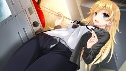 Rule 34 | 1girl, belt, blonde hair, blue eyes, blush, breasts, chopsticks, cigarette, cooking, dodomeiro, earrings, female focus, game cg, groin, indoors, jacket, jewelry, kitchen, legs, long hair, looking at viewer, medium breasts, netarou, okunaga mio, open mouth, original, real eroge situation! dt, smile, smoking, solo, standing, thighs