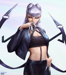 Rule 34 | 1girl, blade, breasts, cheesewoo, claws, cleavage, collar, crop top, earrings, evelynn (league of legends), eyebrows, eyeshadow, hand up, highres, hoop earrings, jacket, jewelry, k/da (league of legends), league of legends, long hair, looking at viewer, makeup, o-ring, o-ring top, official alternate costume, silver hair, slit pupils, solo, the baddest evelynn, upper body, yellow eyes