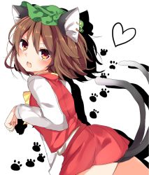 Rule 34 | &gt;:o, 1girl, :o, animal ears, blush, brown eyes, brown hair, cat ears, cat tail, chen, cowboy shot, earrings, fang, from side, green hat, hair between eyes, hat, heart, highres, jewelry, karasusou nano, long sleeves, looking at viewer, mob cap, multiple tails, open mouth, paw print, red skirt, short hair, simple background, skirt, skirt set, solo, tail, touhou, two tails, v-shaped eyebrows, white background
