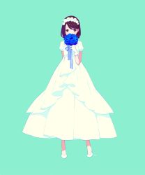 Rule 34 | 1girl, aqua background, arm behind back, black eyes, black hair, blue flower, blue ribbon, blue rose, bob cut, bouquet, covered mouth, dress, earrings, flower, frilled dress, frills, full body, gloves, hair behind ear, hair flower, hair ornament, hairband, hand up, holding, holding bouquet, jewelry, layered dress, legs apart, limited palette, long dress, looking at viewer, maeya susumu, original, parted bangs, pleated dress, puffy short sleeves, puffy sleeves, ribbon, rose, shoes, short hair, short sleeves, signature, simple background, solo, straight-on, striped ribbon, stud earrings, tareme, two-tone ribbon, vertical stripes, white dress, white flower, white footwear, white gloves, white hairband, white rose