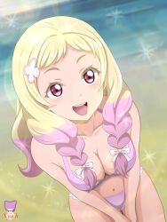 Rule 34 | 1girl, absurdres, beach, between legs, blush, bra, braid, breasts, collarbone, commentary request, flower, hair flower, hair ornament, hand between legs, highres, lens flare, looking up, love live!, love live! superstar!!, medium breasts, multicolored hair, navel, ocean, onitsuka natsumi, open mouth, purple bra, purple eyes, short bangs, smile, solo, sparkle, twin braids, two-tone hair, underwear, user sjah7745, white flower