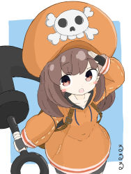 Rule 34 | 1girl, :d, absurdres, anchor, arm up, backpack, bag, bike shorts, black gloves, black shorts, blue background, blush stickers, brown eyes, brown hair, brown hat, brown hoodie, cabbie hat, collarbone, commentary request, fingerless gloves, gloves, guilty gear, hat, highres, holding, hood, hood down, hoodie, long hair, long sleeves, looking at viewer, may (guilty gear), open mouth, puffy long sleeves, puffy sleeves, rururu (pyrk8855), salute, short shorts, shorts, skull and crossbones, smile, solo, teeth, two-tone background, upper teeth only, white background