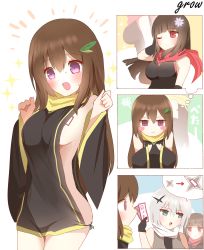 Rule 34 | 3girls, :o, absurdres, black dress, blue eyes, blunt bangs, blush, blush stickers, breast envy, breast expansion, breasts, brown hair, closed mouth, commentary request, detached sleeves, dress, english text, floating hair, flower, hair between eyes, hair flower, hair ornament, hands up, highres, holding, large breasts, leaf hair ornament, long hair, long sleeves, multiple girls, ninja, no bra, no panties, non (wednesday-classic), ofuda, open mouth, original, profile, purple eyes, red eyes, red scarf, scarf, shuriken, sideboob, silver hair, sleeveless, sleeveless dress, sparkle, standing, sweat, v-shaped eyebrows, very long hair, wavy mouth, weapon, white flower, white scarf, wide sleeves, yellow scarf