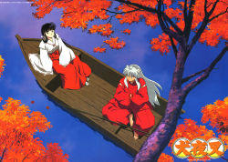 Rule 34 | boat, highres, inuyasha, inuyasha (character), japanese clothes, kikyou (inuyasha), leaf, maple leaf, miko