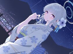 Rule 34 | 1girl, alternate costume, alternate hairstyle, blue archive, blue flower, braid, closed mouth, commentary, earpiece, floral print, flower, hair flower, hair ornament, halo, headset, highres, japanese clothes, kimono, long sleeves, looking at viewer, night, night sky, noa (blue archive), obi, outdoors, purple eyes, reia 76, revision, sash, short hair, sky, smile, solo, star (sky), starry sky, twitter username, white hair, white kimono, yukata