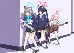 Rule 34 | 3girls, animal ear fluff, assault rifle, beretta ar70/90, blue archive, full body, guitar, gun, halo, highres, hoshino (blue archive), instrument, multiple girls, rifle, school uniform, serika (blue archive), shiroko (blue archive), sig sauer 556, standing, weapon