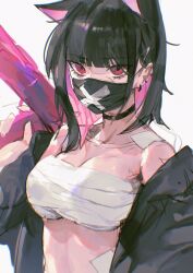 Rule 34 | 1girl, aged down, alternate costume, animal ears, black hair, black jacket, black mask, blue archive, blunt ends, breasts, cat ears, chest sarashi, cleavage, colored inner hair, earrings, extra ears, highres, jacket, jewelry, kazusa (blue archive), large breasts, looking at viewer, mask, mouth mask, multicolored hair, open clothes, open jacket, pink hair, sarashi, simple background, sketch, solo, tsukiiro, two-tone hair, upper body, white background, x mark