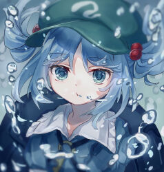 Rule 34 | 1girl, absurdres, air bubble, backpack, bag, blue eyes, blue hair, bubble, commentary, frills, highres, jewelry, kawashiro nitori, key, key necklace, looking at viewer, necklace, shirt, solo, tarutsu, touhou, underwater, visor cap, water