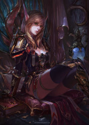 Rule 34 | 1girl, armor, blonde hair, blood elf (warcraft), book, breasts, chenbo, cleavage, cushion, elf, gauntlets, greaves, green eyes, highres, image sample, long hair, looking at viewer, paladin, pointy ears, shoulder armor, sitting, solo, pauldrons, thighhighs, warcraft, world of warcraft