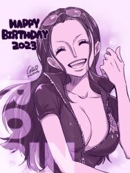 Rule 34 | 1girl, 2023, ^ ^, breasts, chaa (aoichar522 ), cleavage, closed eyes, commentary request, cropped jacket, dated, eyewear on head, happy birthday, highres, long hair, nico robin, one piece, purple theme, signature, simple background, smile, solo, upper body, zipper