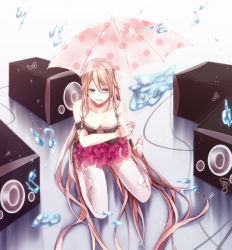 Rule 34 | 1girl, absurdres, blue eyes, breasts, cleavage, downblouse, highres, ia (vocaloid), long hair, pink hair, sakiryo kanna, sitting, speaker, thighhighs, torn clothes, torn legwear, umbrella, very long hair, vocaloid, wariza, water, white thighhighs