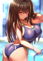 Rule 34 | 1girl, black eyes, black hair, breasts, competition swimsuit, cowboy shot, from side, girls&#039; frontline, green hair, hand in own hair, highres, large breasts, long hair, m4a1 (girls&#039; frontline), multicolored hair, one-piece swimsuit, pool, school swimsuit, streaked hair, swimsuit, wet, xlscaler