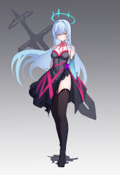 Rule 34 | 1girl, absurdres, bare arms, bare shoulders, black dress, blue hair, boots, breasts, brown footwear, choker, claymore (sword), cleavage, closed mouth, colored skin, dress, expressionless, floating hair, full body, halo, halterneck, highres, long hair, looking at viewer, lysh, medium breasts, meryl (tower of fantasy), orange eyes, pink choker, ribbon choker, side slit, sleeveless, sleeveless dress, solo, spaghetti strap, standing, thigh boots, thighs, tower of fantasy, weapon behind back