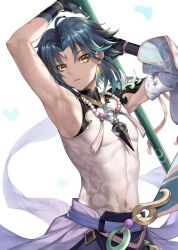 Rule 34 | 1boy, ahoge, arm guards, arm tattoo, armpits, arms up, bead necklace, beads, bug, butterfly, commentary, covered navel, cowboy shot, detached sleeves, eyeliner, facial mark, forehead mark, genshin impact, gloves, green gloves, green hair, head tilt, highres, holding, holding weapon, insect, jewelry, looking at viewer, makeup, male focus, md5 mismatch, multicolored hair, nasaniliu, necklace, parted bangs, parted lips, print shirt, resolution mismatch, shirt, shoulder pads, shoulder spikes, simple background, single sleeve, sleeveless, sleeveless shirt, solo, source smaller, spikes, standing, tassel, tattoo, turtleneck, two-tone hair, weapon, white background, white shirt, xiao (genshin impact), yellow eyes