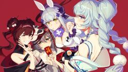 Rule 34 | 4girls, absurdres, animal ears, blue eyes, blue hair, braided twintails, breasts, brown eyes, brown hair, chinese commentary, cleavage, commentary request, cross hair ornament, cup, double bun, envelope, frown, g11 (girls&#039; frontline), g11 (lucky rat&#039;s lazy spring) (girls&#039; frontline), girls&#039; frontline, girls&#039; frontline neural cloud, green eyes, grey hair, gwendolynstore, hair between eyes, hair bun, hair ornament, hair ribbon, hairpin, heart, heart-shaped pupils, highres, hk416 (girls&#039; frontline), hk416 (herbal-flavored hard candy) (girls&#039; frontline), holding, holding cup, holding envelope, hongbao, jiangyu (angler&#039;s sweep) (neural cloud), jiangyu (neural cloud), long hair, looking at viewer, mask, mask on head, multiple girls, one eye closed, pa-15 (alluring larkspur) (girls&#039; frontline), pa-15 (girls&#039; frontline), parted lips, red background, red ribbon, ribbon, simple background, smile, symbol-shaped pupils, twintails, type 97 (girls&#039; frontline), v