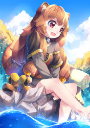 Rule 34 | 1girl, :d, animal ear fluff, animal ears, barefoot, blue sky, brown hair, child, cloud, commentary request, cuffs, day, dress, highres, kyouko kasa, long hair, long sleeves, neck, open mouth, outdoors, raccoon ears, raccoon girl, raccoon tail, raphtalia, red eyes, rock, short dress, sidelocks, sitting, sitting on rock, sky, smile, solo, splashing, tail, tate no yuusha no nariagari, tree, water