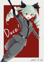 Rule 34 | 1girl, absurdres, anchovy (girls und panzer), anzio military uniform, belt, black belt, black footwear, black necktie, black ribbon, black shirt, boots, character name, commentary, dated, dress shirt, drill hair, dutch angle, foreshortening, girls und panzer, green hair, grey jacket, grey pants, hair ribbon, highres, holding, jacket, knee boots, leg up, long hair, long sleeves, looking at viewer, military, military uniform, necktie, open mouth, oritako, outside border, pants, red background, red eyes, ribbon, riding crop, sam browne belt, shirt, skirt, smile, solo, standing, standing on one leg, twin drills, twintails, uniform, wing collar