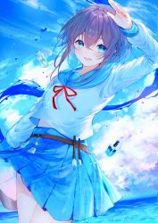 Rule 34 | 1girl, :d, absurdres, arm up, blue eyes, blue sailor collar, blue skirt, blue sky, blush, borrowed character, bottle, brown hair, cloud, cloudy sky, commentary request, day, hair between eyes, highres, horizon, long sleeves, looking at viewer, neck ribbon, noyu (noyu23386566), ocean, open mouth, original, outdoors, paint tube, paintbrush, pleated skirt, red ribbon, ribbon, sailor collar, school uniform, serafuku, shirt, skirt, sky, smile, solo, water, white shirt