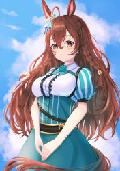 Rule 34 | 1girl, ahoge, animal ears, beads, belt, blue sky, bow, braid, breasts, brown belt, brown eyes, brown hair, center frills, closed mouth, cloud, cloudy sky, collared dress, commentary request, cowboy shot, dress, ear bow, frills, green bow, green dress, grey background, hair beads, hair ornament, heart, highres, horse ears, horse girl, horse tail, long hair, looking at viewer, medium breasts, mejiro bright (umamusume), outdoors, outside border, philo 324, puffy short sleeves, puffy sleeves, short sleeves, sky, smile, solo, standing, tail, twin braids, umamusume