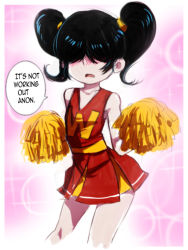 Rule 34 | 1girl, alternate hairstyle, bad id, bad pixiv id, black hair, blush, cheerleader, english text, frown, hair over eyes, hair tie, highres, jcm2, lucy loud, open mouth, pleated skirt, pom pom (cheerleading), skirt, solo, sparkle, the loud house, twintails