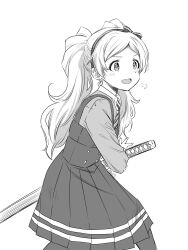 Rule 34 | 1girl, blush, bow, buttons, commentary request, dress, emily stewart, greyscale, hair bow, hairband, highres, holding, holding sword, holding weapon, idolmaster, idolmaster million live!, katana, long hair, long sleeves, looking ahead, matcha kingyo, monochrome, necktie, open mouth, pleated skirt, puff of air, shirt, skirt, smile, solo, sparkling eyes, striped necktie, sword, twintails, v-shaped eyebrows, weapon, white background, wing collar