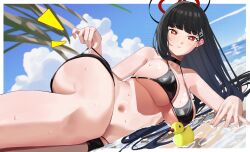 Rule 34 | 1girl, absurdres, bikini, black bikini, black choker, black hair, black halo, blue archive, blue sky, border, breasts, choker, cloud, day, haerge, hair ornament, hairclip, halo, highres, large breasts, looking at viewer, lying, navel, on side, outdoors, parted lips, red eyes, rio (blue archive), rubber duck, sky, solo, stomach, swimsuit, underboob, water, wet, white border