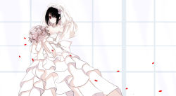 Rule 34 | 1girl, black hair, blush, bouquet, breasts, bridal veil, cleavage, closed mouth, dress, flower, hair over one eye, holding, holding bouquet, large breasts, looking at viewer, original, red eyes, short hair, smile, solo, veil, wedding dress, white dress, yukinoshita (shaonjishi)