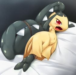 Rule 34 | arms behind head, bdsm, blush, bondage, bound, creatures (company), extra mouth, fangs, furry, game freak, gen 3 pokemon, lying, mawile, navel, nintendo, no humans, on side, open mouth, pokemon, pokemon (creature), red eyes, rope, simple background, solo, tears, ukan muri, you gonna get raped