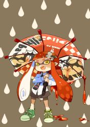 Rule 34 | 1girl, chibi, full body, holding, inkling, inkling girl, inkling player character, long hair, looking at viewer, mota, nintendo, open mouth, pointy ears, shirt, shoes, simple background, skirt, smile, solo, splatoon (series), standing, tentacle hair, umbrella