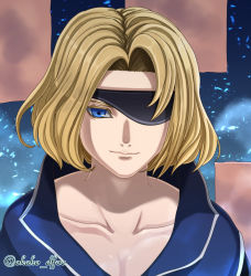 Rule 34 | 1boy, absurdres, akaho (choco daisuki), blonde hair, blue eyes, commentary request, dissidia final fantasy, dissidia final fantasy opera omnia, eald&#039;narche, eyepatch, final fantasy, final fantasy xi, highres, male focus, popped collar, short hair, smile, solo, twitter username, zilart