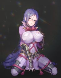 Rule 34 | 1girl, absurdres, armor, black gloves, blush, bodysuit, breasts, covered erect nipples, covered navel, elbow gloves, fate/grand order, fate (series), fingerless gloves, gloves, hand on own chest, highres, japanese armor, kneeling, kote, large breasts, legs apart, loincloth, long hair, minamoto no raikou (fate), parted bangs, parted hair, parted lips, purple bodysuit, purple eyes, purple hair, ribbed sleeves, skin tight, solo, sseli, tabard, tassel, very long hair