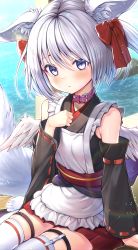 Rule 34 | 1girl, :&lt;, absurdres, animal ears, apron, bare shoulders, belt collar, blurry, bokeh, breasts, closed mouth, collar, commentary, depth of field, detached sleeves, dot nose, fox ears, fox girl, fox tail, frilled apron, frills, grey hair, hair ornament, hair ribbon, hand on own chest, hazakura shoha, highres, long sleeves, looking at viewer, medium hair, original, outdoors, purple eyes, rainbow, ribbon, shadow, sitting, small breasts, solo, tail, tears, thigh strap, thighhighs, two side up, water, white apron, white hair, white thighhighs, wide sleeves, wings