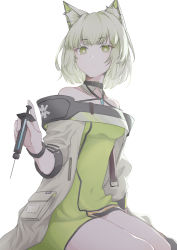 Rule 34 | 1girl, absurdres, animal ear fluff, animal ears, arknights, back, bright pupils, cat ears, chinese commentary, closed mouth, coat, detached collar, dress, expressionless, green dress, green eyes, green hair, grey coat, highres, holding, holding syringe, kal&#039;tsit (arknights), looking at viewer, off-shoulder coat, off shoulder, red (aba02), short hair, short sleeves, simple background, sitting, solo, strapless, strapless dress, syringe, white background, white pupils